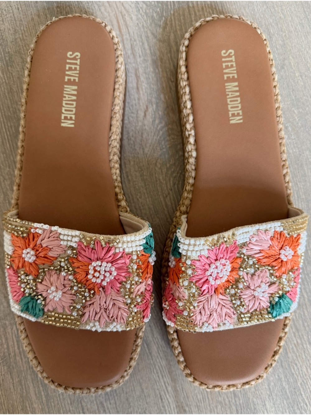 Steve Madden Floral Embroidered Slide Sandals in Pink, Orange & Teal